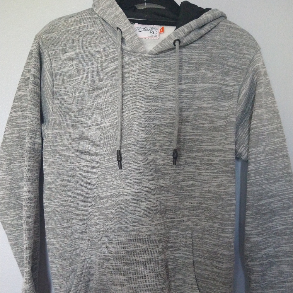 Men's heather grey hoodie with black trim by Huntington BC, size M.